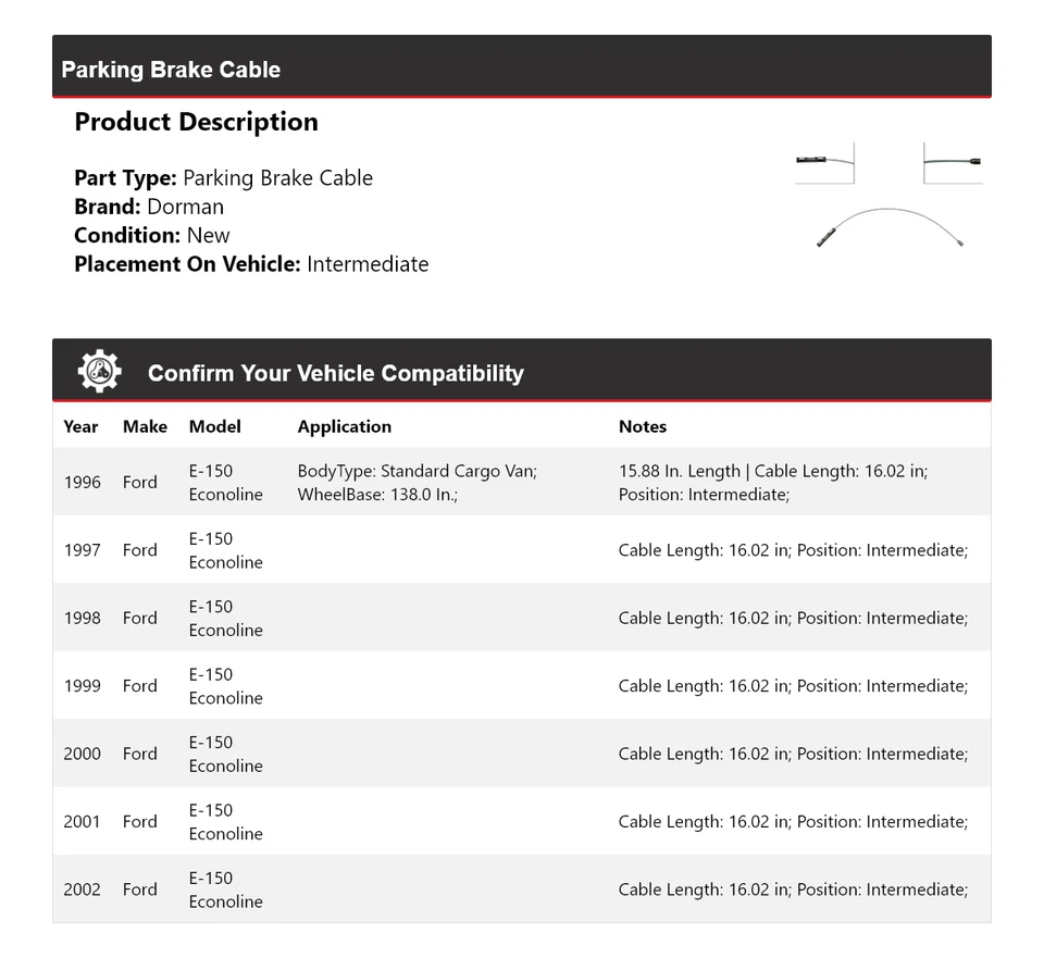 Кабель стояночного тормоза промежуточный 1997 для Ford E-150 Econoline Dorman 1996-2002 годов выпуска - Изображение 2 из 4