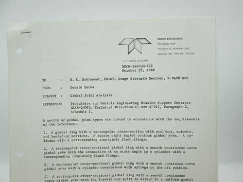 Vintage 1968 NASA Saturn Apollo BECO-3440-M-472 Gimbal Joint Analysis SB33 - Picture 2 of 4