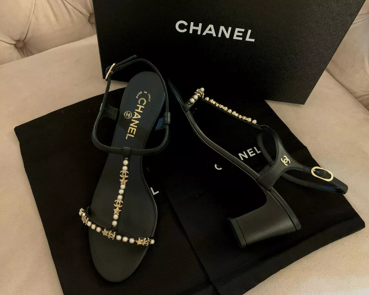 Chanel Women 20S CC Logo Pearl Star Lambskin 60mm Heels Sandals Black Sz 40  NIB!