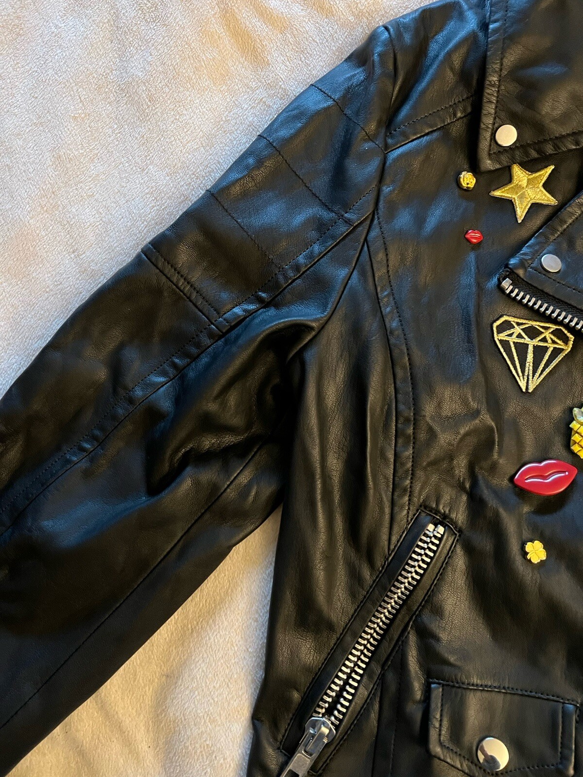 NWTGS Women's Express Faux Leather Biker Moto Jacket Small Black Y2K Patches image 8