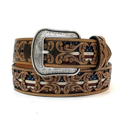 3D Men's Floral Tooled American Flag Inlay Leather Belt D100012408