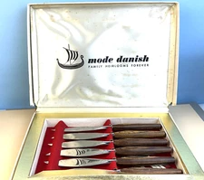 6 pc. Vintage 1960's Mode Danish Steak Knives Teak Handles Sheffield England MCM