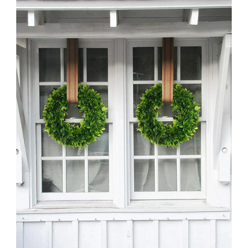 Corona de hojas verdes artificiales de 17", corona de boj artificial Foto 4 de 4