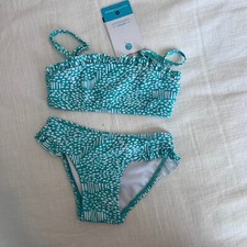 NWT Snapper Rock Ruffle Swimsuit UPF 50 Swimwear Set Turquoise White Size 2