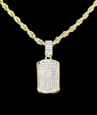 Small Icy Dog Tag Pendant Cz 14k Gold Plated 24" Rope Chain Hip Hop Necklace