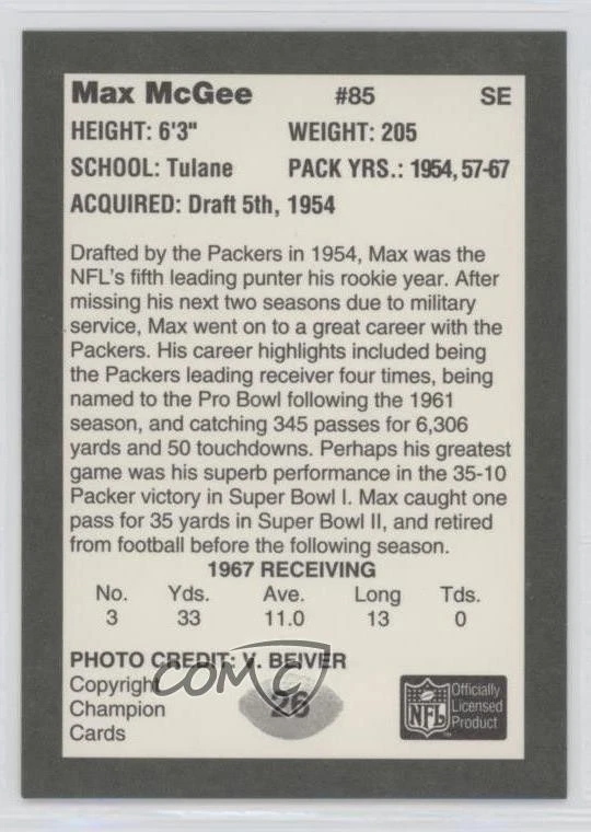 1991 Champion Cards Green Bay Packers Super Bowl II 25th Anniversary Max McGee - Image 2 of 2