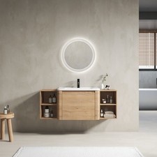 52'' Wall-Mounted Bathroom Vanity with White Ceramic Sink and Storage Shelves