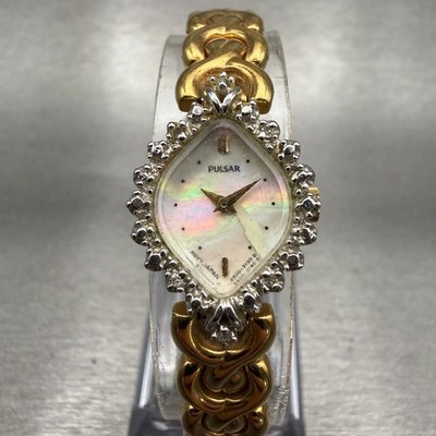 Seiko Pulsar Watch Women 17mm MOP Dial Gold Tone Gemmed V400-L580 New Battery