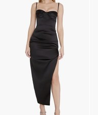 House of CB Flora Pleated Satin Midi Dress Black, Size S