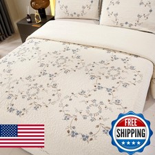 ROOMLIFE Quilt Set Blue Floral 3D Embroidery Pattern 3 PCS 100 Cotton