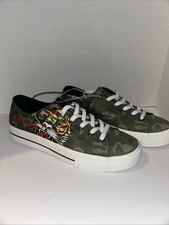 Ed Hardy Tiger Camo Canvas Sneakers Green Lace Up Low Top Shoes Size 8 Y2K