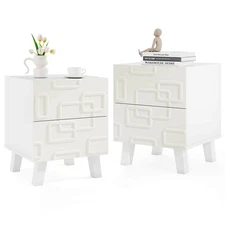 2PCS Mid Century Modern Bedside Table w/2 Storage Drawers 3D Geometric Patterns