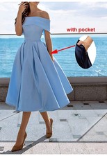 Sky Blue Off Shoulder Satin Tea Length Dress Pleated A Line Cocktail Party Gown