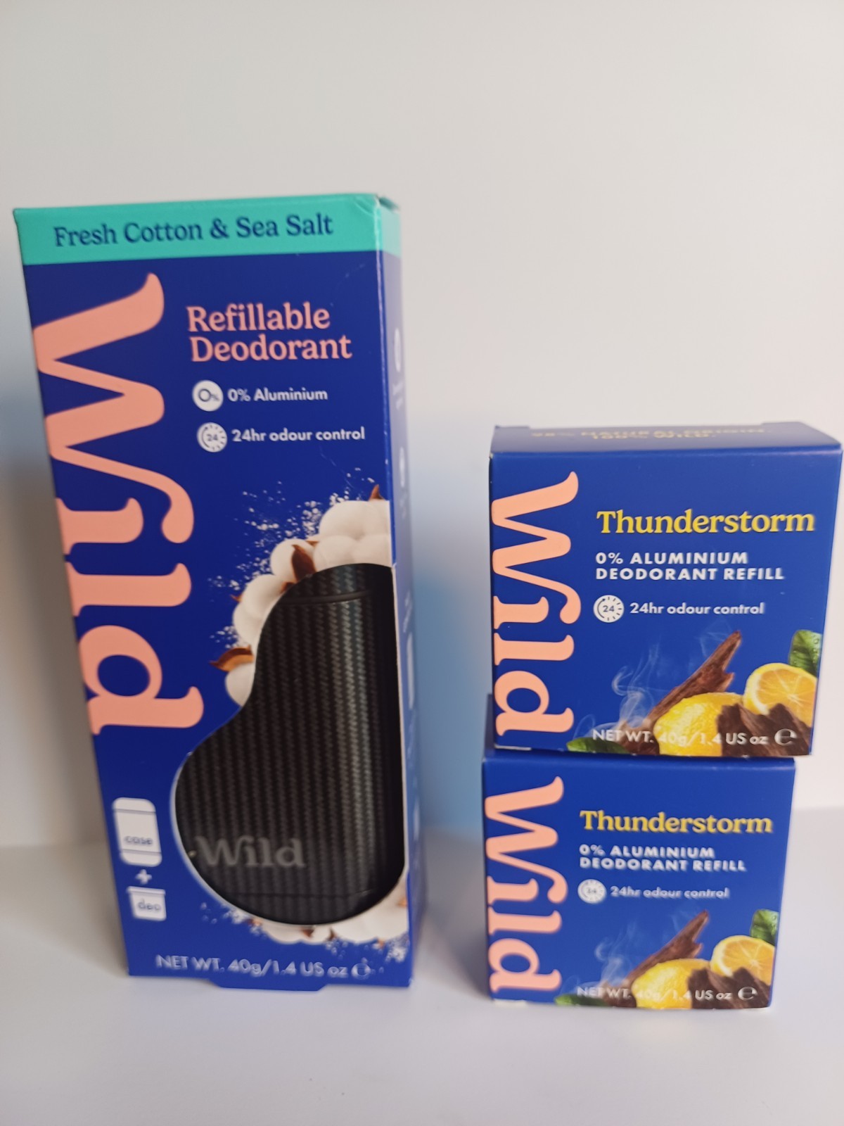 wild Refillable deodorant ,fresh cotton plus 2 x thunderstorm refills.