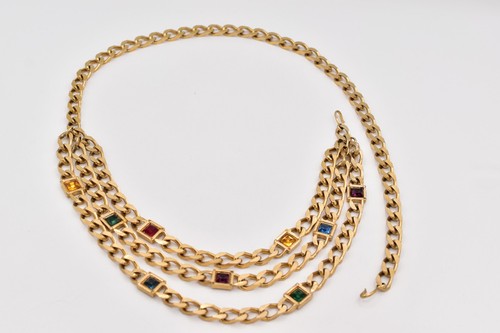 Vintage Heavy Weighted Multi-Color Crystal Chain Belt Gold Chunky 16"-37" 1980s - Picture 9 of 12