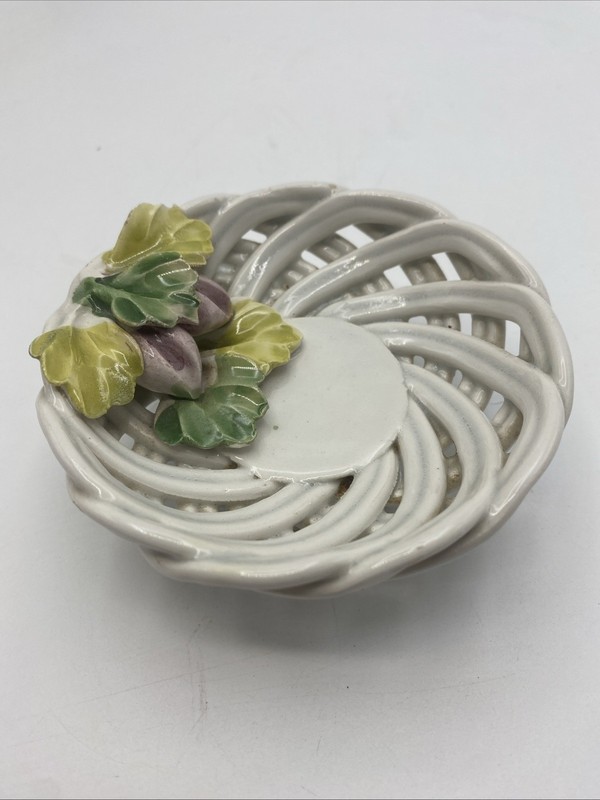 Vintage White Woven Round Capodimonte Porcelain Trinket Bowl Ceramic Italy