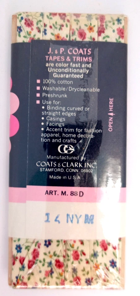 Vintage J&P Coats Floral Bias Tape 100% Cotton 1/2" x 4 yards 505A Tiny Flowers - Image 2 of 2