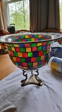 Mosaic Glass Multicolor Candle Holder w/Brass Stand
