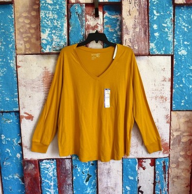 Women's Terra & Sky Long Sleeve V-Neck Core Tee Semi Fitted SIZE 1X Yellow NEW