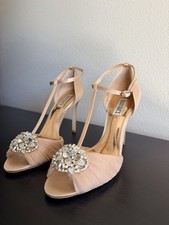 Badgley Mischka Champagne Satin Rhinestone Ankle Strap Wedding Heels - Size 9