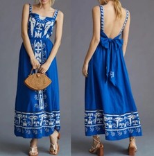 Farm Rio Navy Blue Bow Macaw Embroidered Linen Blend Maxi Dress Large