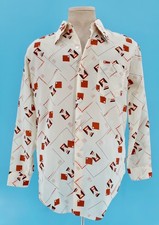 Men's VTG 70s White Orange Polyester Geometric Print Shirt Sz M 1970s Disco