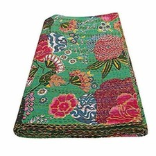Handmade Kantha Quilt Floral Printed Cotton Hippie Bohemian Picnic Throw