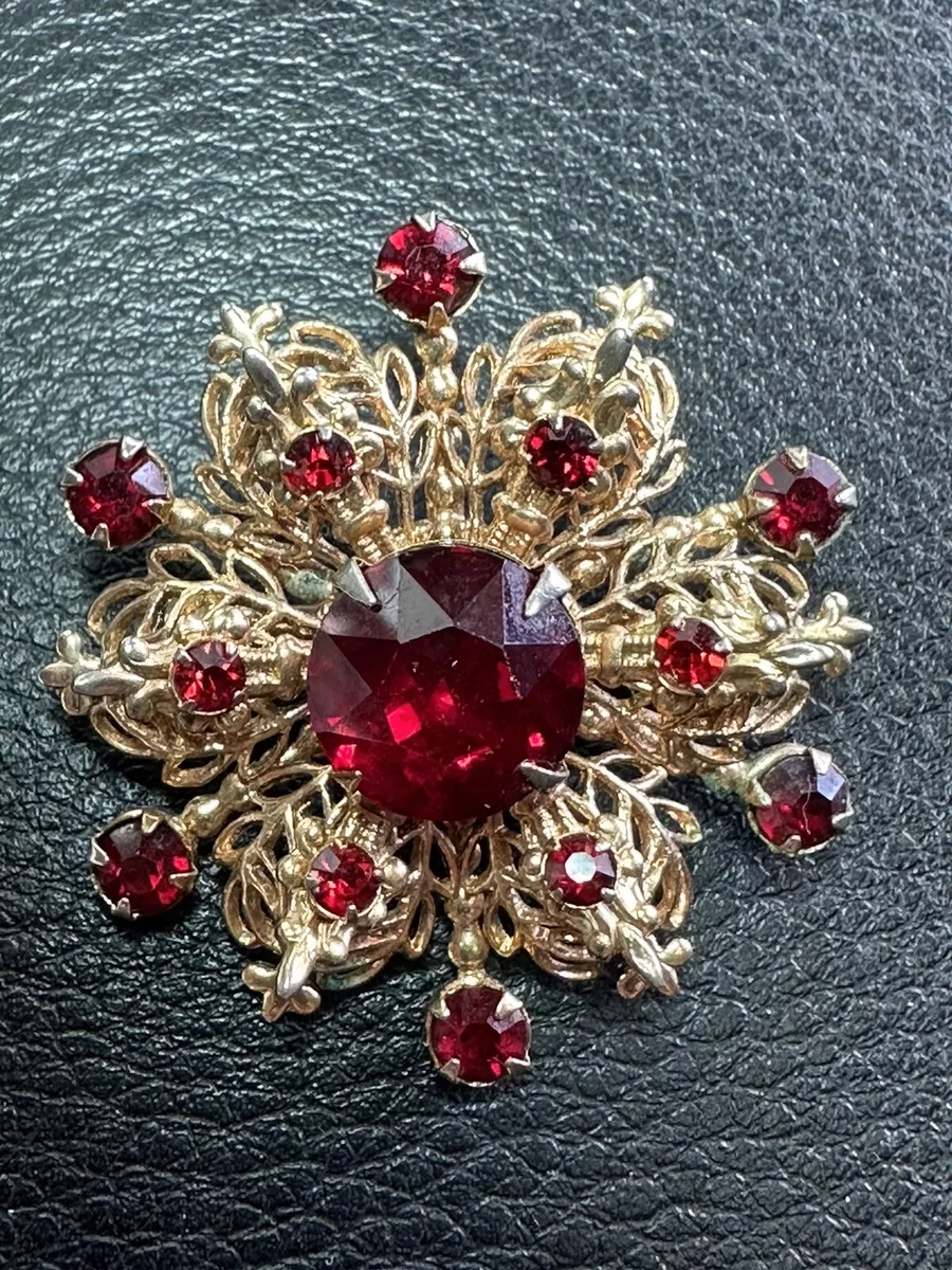 Vintage crystal brooch lot, large fall gold tone jewelry pins - Ruby Lane