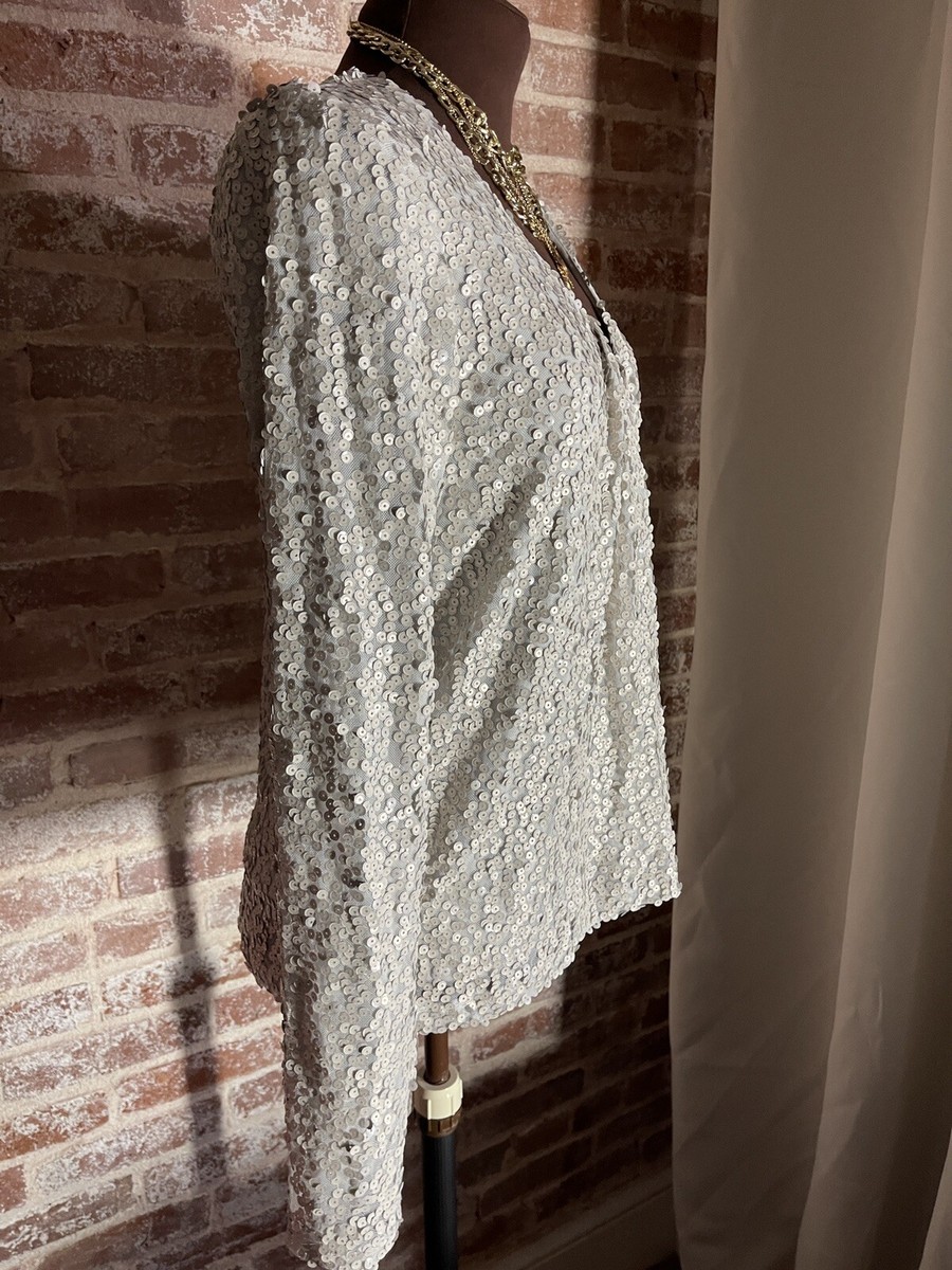 New! Allison Joy Off White Nina Matte Sequin Top V-Neck Long Sleeve Blouse  Sz M