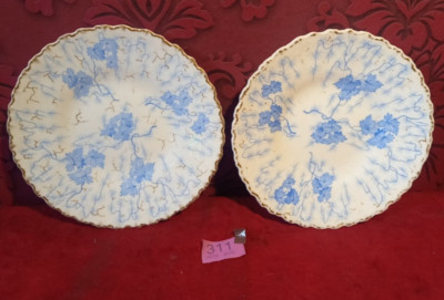 Pair Antique Grainger's Worcester Blue & White Moss Fibre 1880s Sandwich Plates