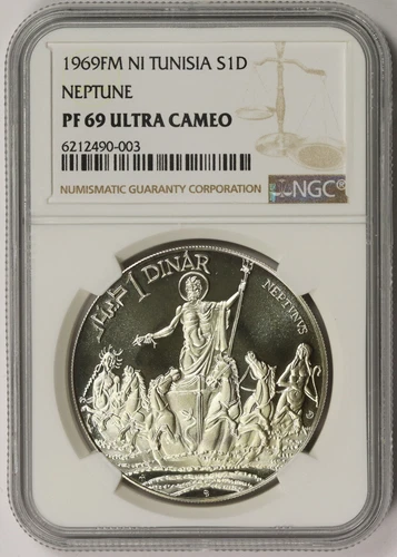 1969 FM NI Tunisia Neptune Silver 1 Dinar PF 69 Ultra Cameo NGC