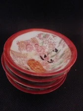 Set Of Four Japanese Scene Red Ceramic Small Saki Or Salt Cellar...vintage mint