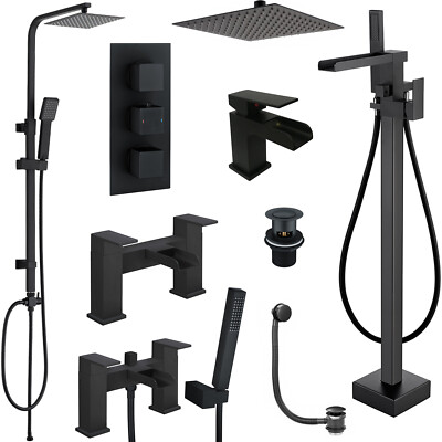 Matt Schwarz Quadratisch Wasserfall Bad Waschtisch Badewanne Armaturen Thermostat Dusche Armaturen