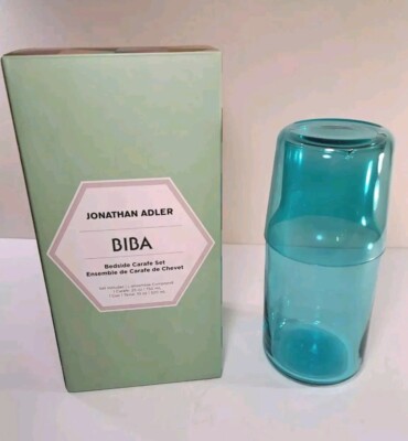 Jonathan Adler BIBA Blue Glass Bedside Water Carafe Set NIB