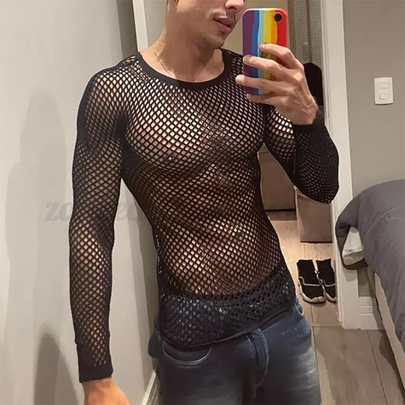 Men's Long Sleeve See Through Mesh Fishnet T Shirt Casual Muscle Gym Tee  Blouse