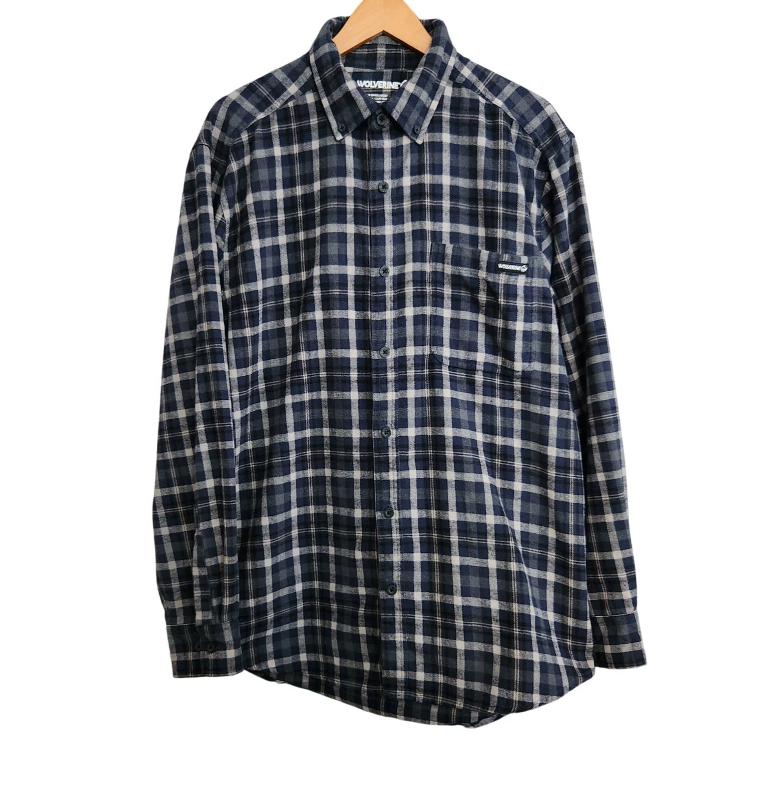 Wolverine Blue Plaid Button Down Flannel Shirt Mens Size L Outdoor Travel