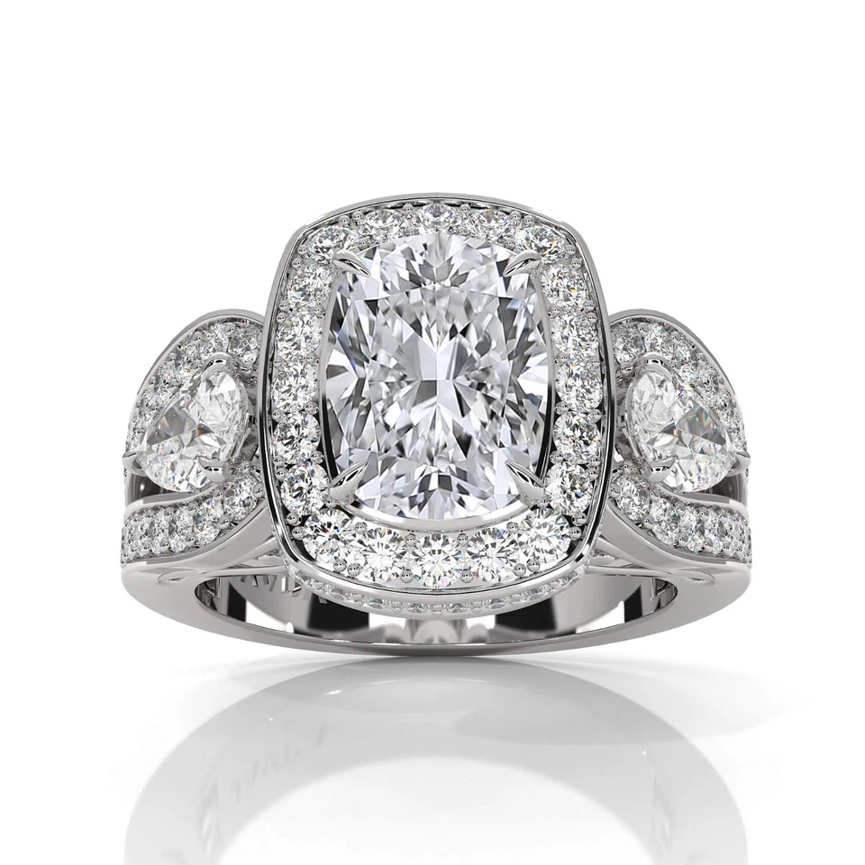 Anillo de compromiso de diamantes con halo de 3 piedras de 2,86 quilates y cojín oro GIA F-VVS2 Foto 2 de 4