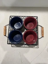 W.M.G. 4 Piece Stoneware Service Set Metal Carrier Blue Burgundy Speckled Bowls