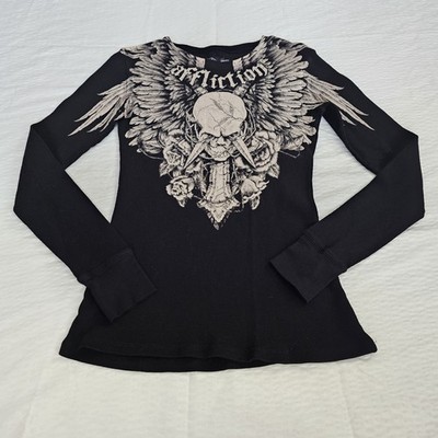 Y2K Affliction Shirt Women S Black Waffle Knit Thermal Graphic