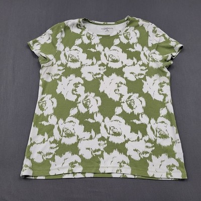 Croft & Barrow Womens Medium Green White Floral Ikat Cotton Short Sleeve T-Shirt