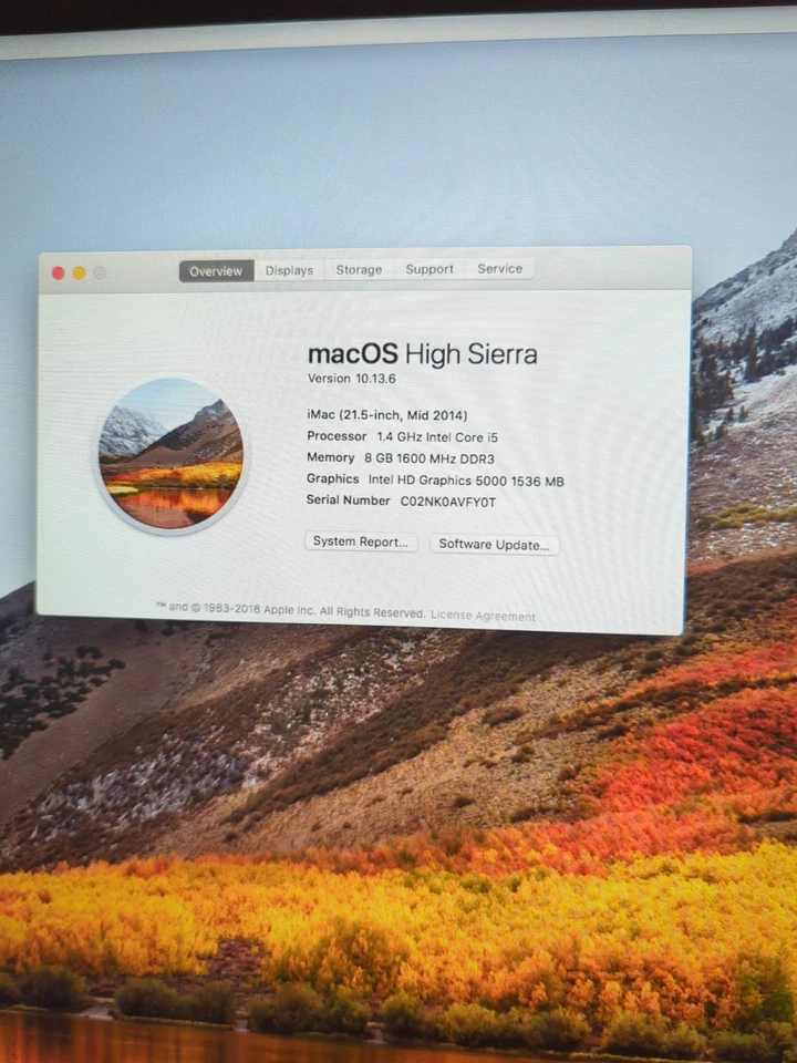 Apple iMac 21.5" 2014 A1418 i5-4260U 1.4GHz/ 8GB RAM 240GB SSD/10.13 (READ) - - Image 2 of 4