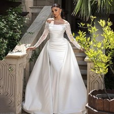 White Mermaid Wedding Dresses Off Shoulder Long Sleeve Lace Boho Bridal Gowns