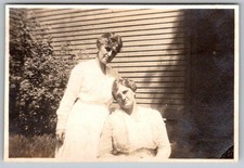 Vtg B&W Snapshot Two Women In White Summer Dresses By Wood Siding House 1920s