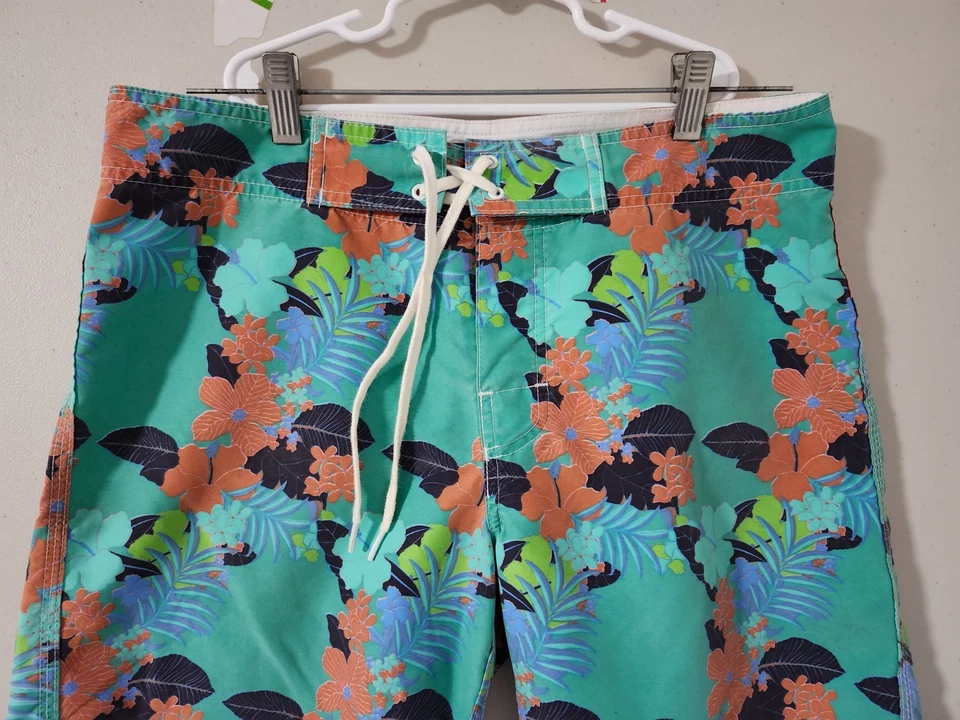 AMBSN Shorts Mens 30 Teal Board Surf Beach Pullon Drawstring Floral Hawaiian 8" - Image 3 of 4