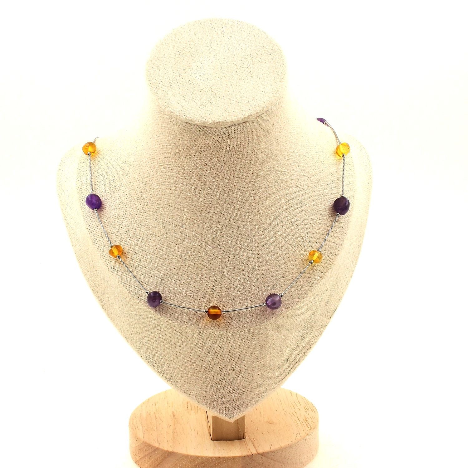 Collier d'Ambre véritable de la Baltique et Améthyste de joaillerie fine