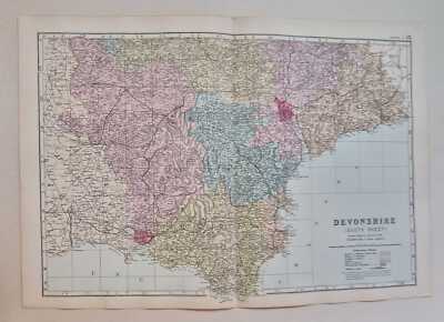 BACON County Map of Devonshire - South (1883 Original Antique Colour Print)