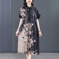 Women's Floral Printed Casual Elegant Retro Silk Dress Loose Short Sleeve Dress