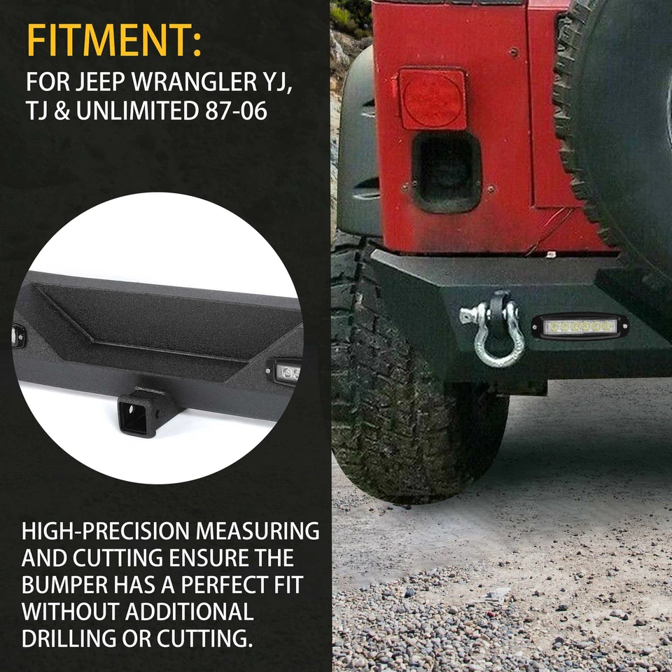 Para-choque traseiro para 1987-2006 Jeep Wrangler TJ YJ off-road com anéis-D receptor de engate - Imagem 4 de 4