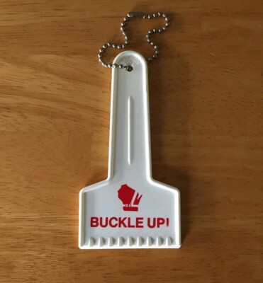 Vintage BUCKLE UP WISCONSIN Windshield Ice Scraper / Keychain Car Truck Winter