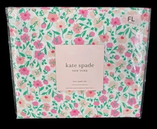 New KATE SPADE NY Full Cottage Pink Green Floral Sheet Set Cotton Percale 4pc